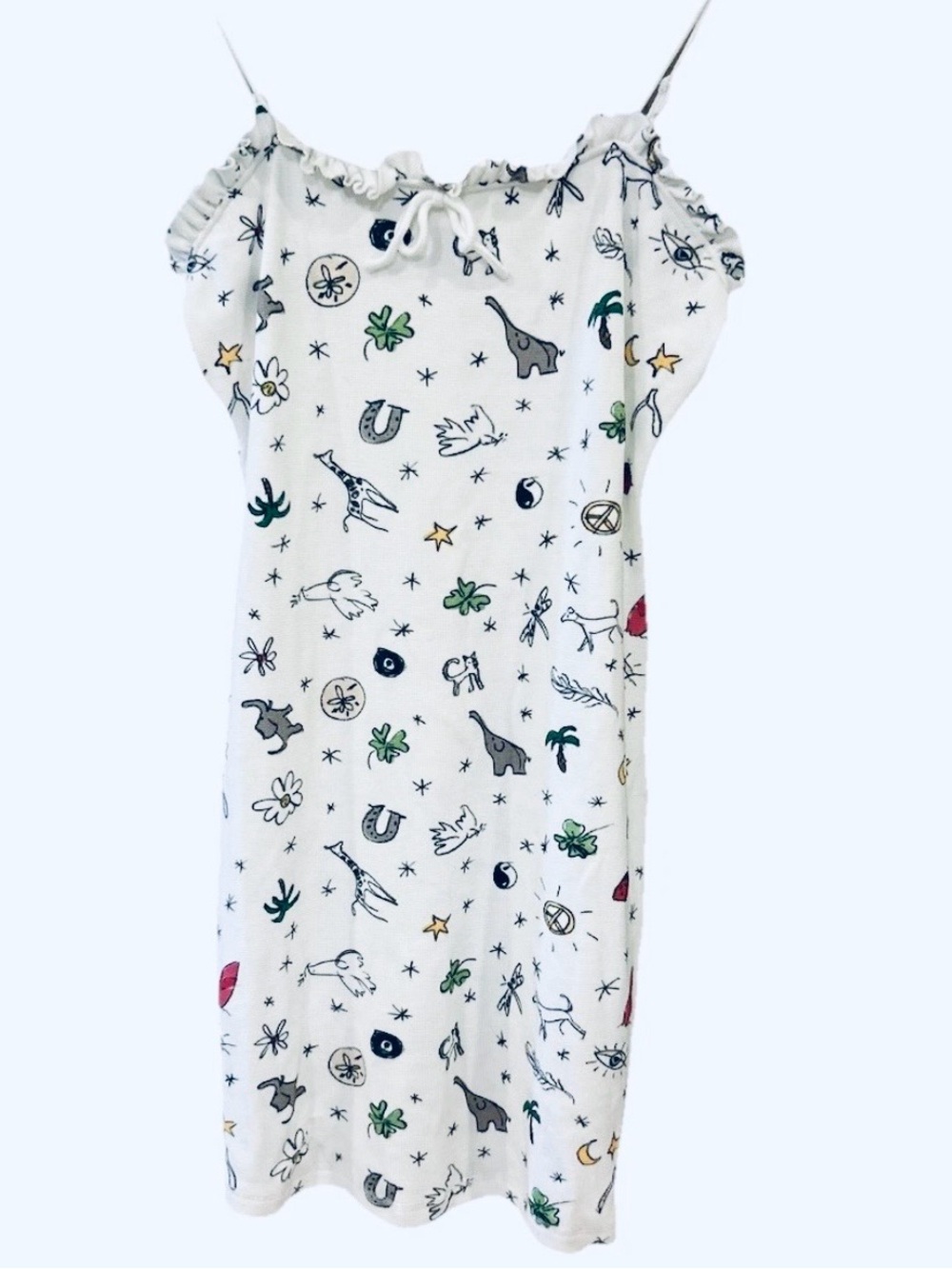 STAUD Aubergine Dress Good Vibes White Doodle Print Ruffle Neck Mini Dress L